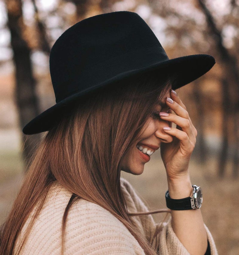 Lanzom Women Wide Brim Warm Wool Fedora Hat Retro Style Belt Panama Hat (Red, One Size) - Image 3